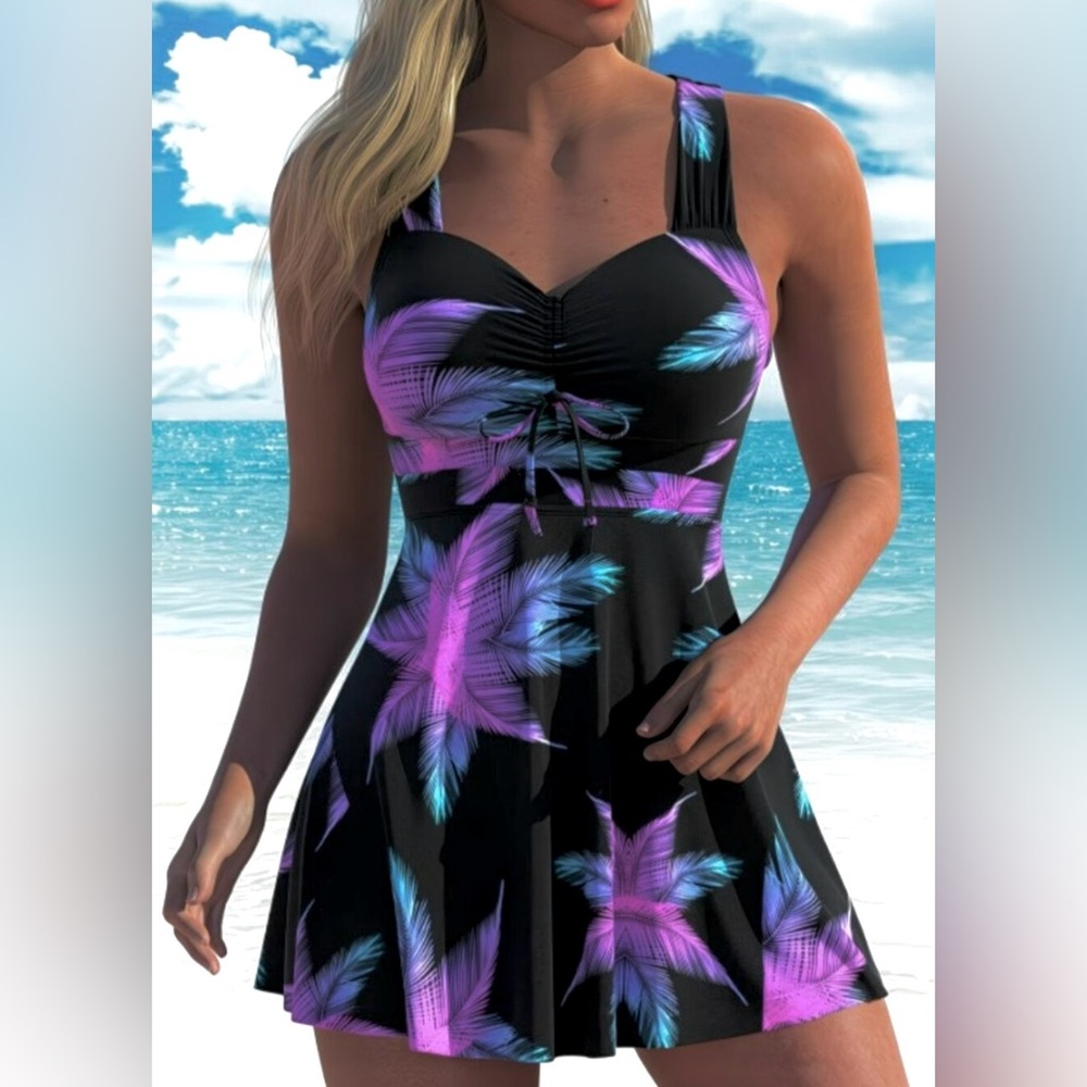 NEW 2 Piece Swim set- Tropical Black and Purple Dress and shorts  #SW-D2-0080